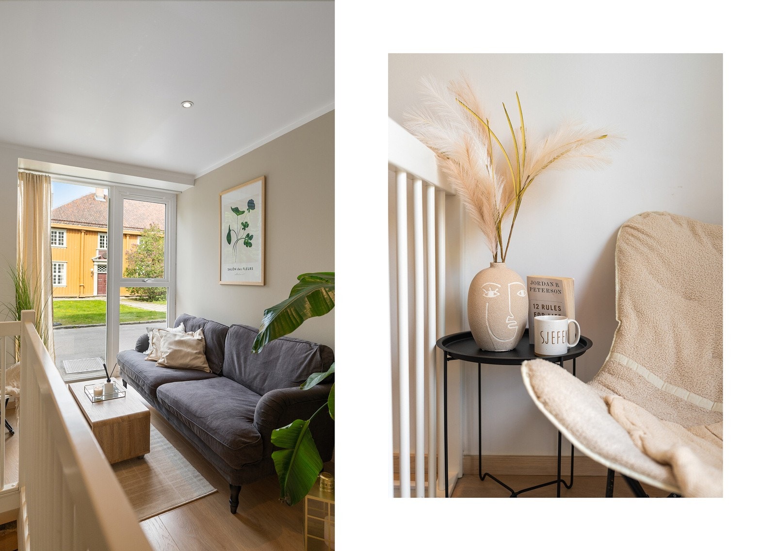 Rommets utforming gir plass til å møblement som sofagruppe, mediamøblement og liten spisegruppe. Galleribilde