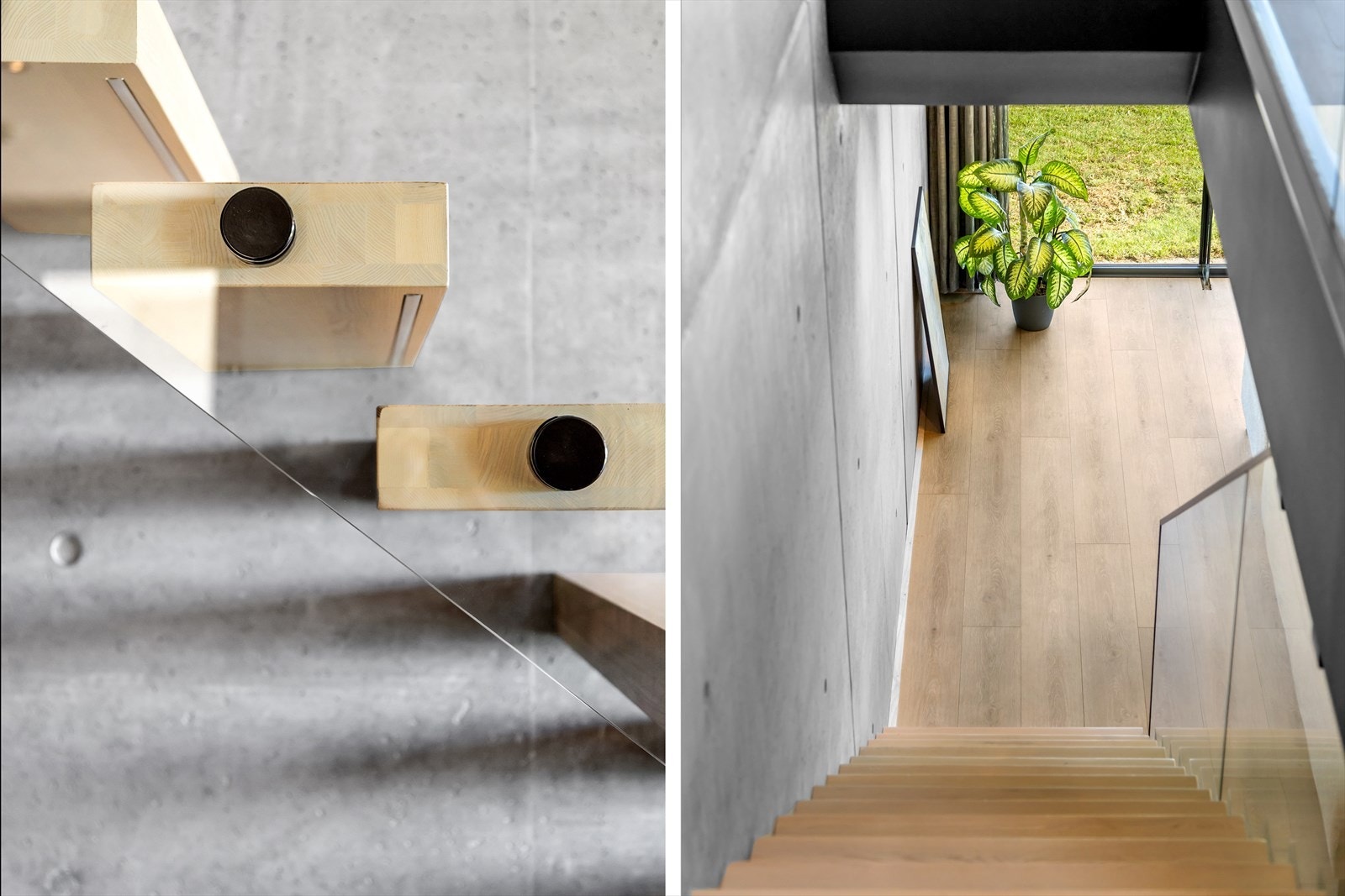 Den lekre "svevetrappen" med heltre trinn og glassrekkverk er enda et "møbel" i rommet. Galleribilde