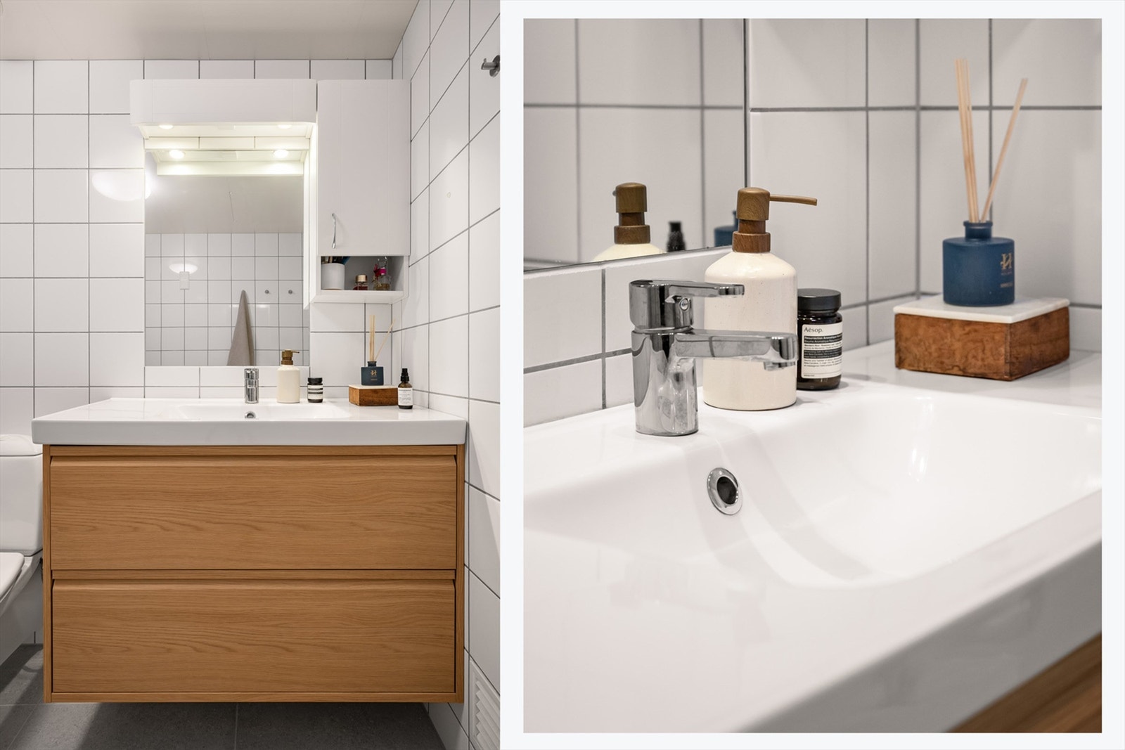 Badet er innredet med dusj på gulv med dusjdører i herdet glass, servant med nytt servantskap i 2025, og toalett med veggmontert sisterne. Galleribilde