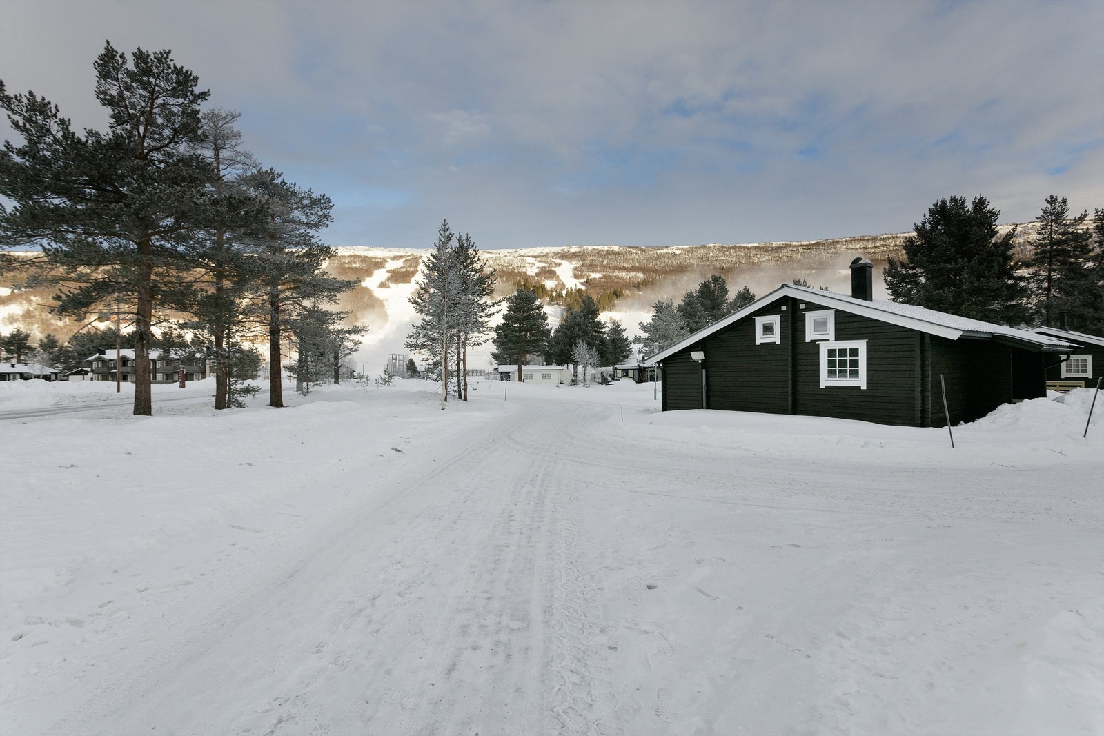Fasade av hytten fra adkomstvei - skitrekket i bakgrunnen Galleribilde
