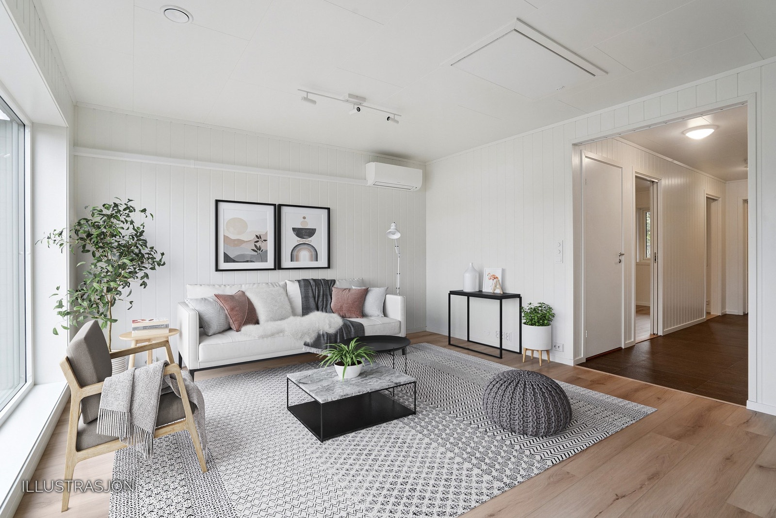 Fra gang så kommer man inn i stuen (bildet er digitalt møblert). Galleribilde