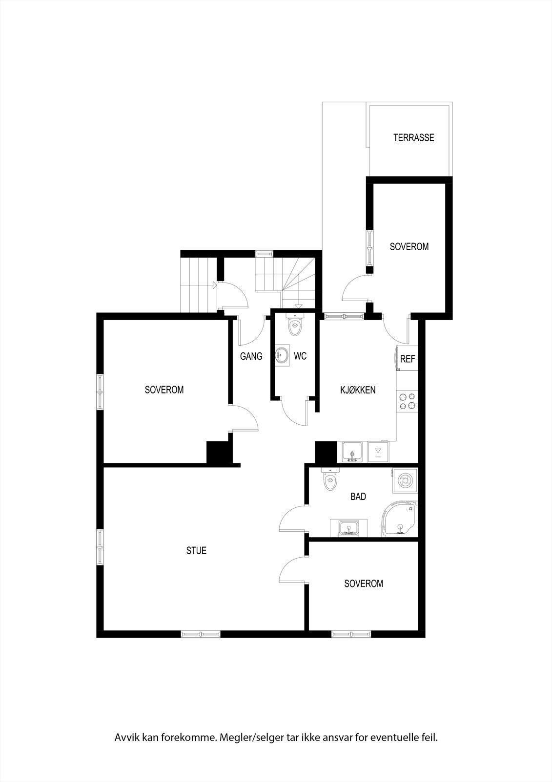 1 et.: Entre, 3 soverom, toalettrom, bad/vaskerom, kjøkken og stue.
U. et.: Egen bod og stor felles bod. Galleribilde