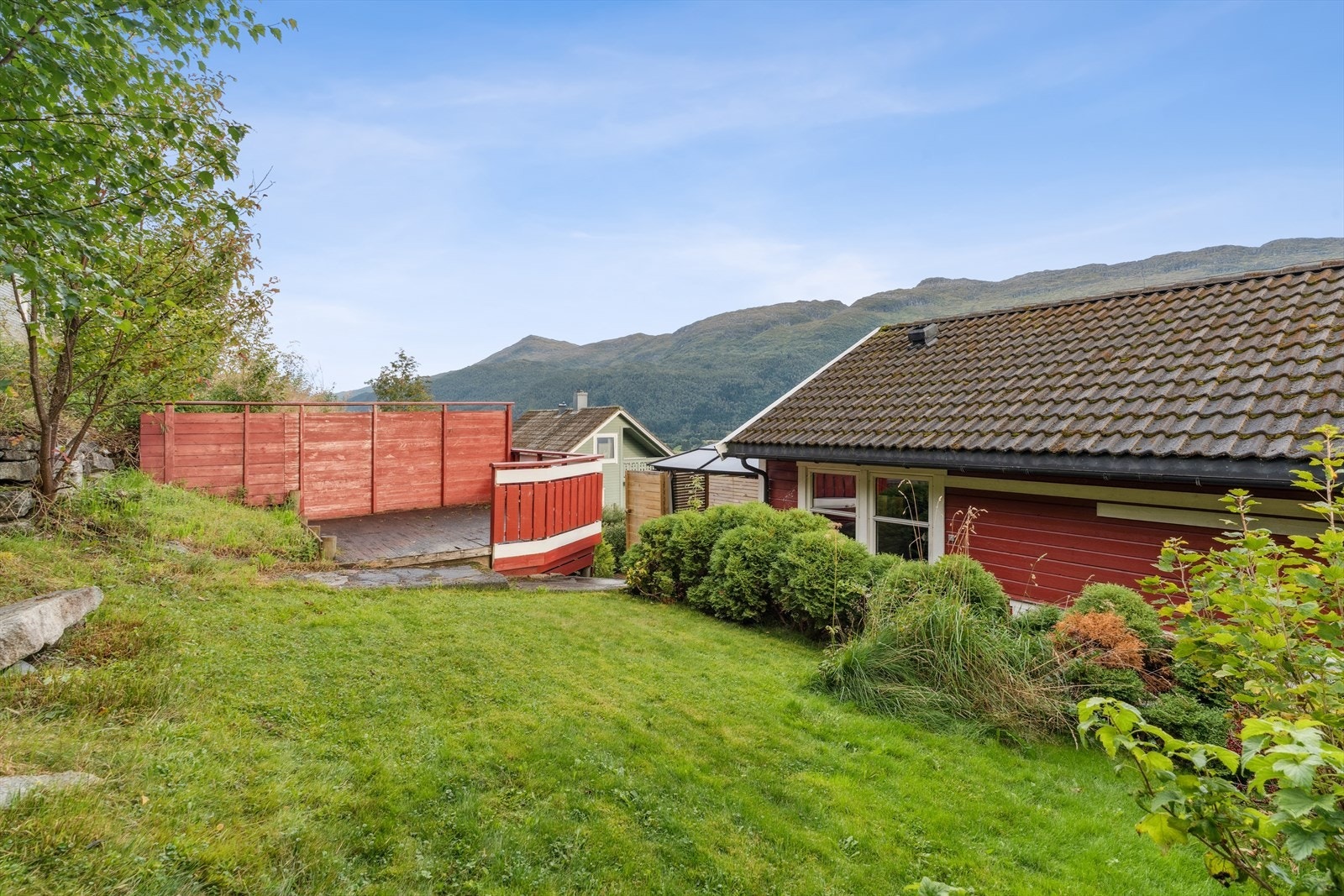 Bakhage med plen, plantar og busker Galleribilde