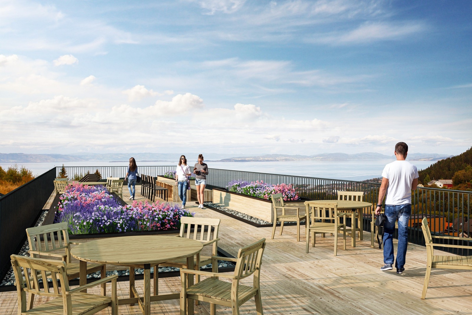 Bygget har enn stor felles takterrasse med fantastisk sjøutsikt. Illustrasjon. Avvik kan forekomme. Galleribilde