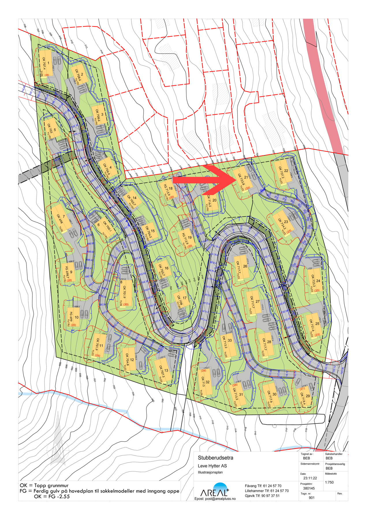 Situasjonsplan Stubberudsætra ed tomt 21 markert. Se også vedlagte PDF. Galleribilde
