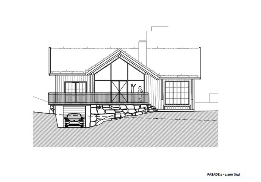 Bilde av tiltenkt hytte på tomten. Nb: Tegningene er ikke byggesøkt eller godkjent Galleribilde