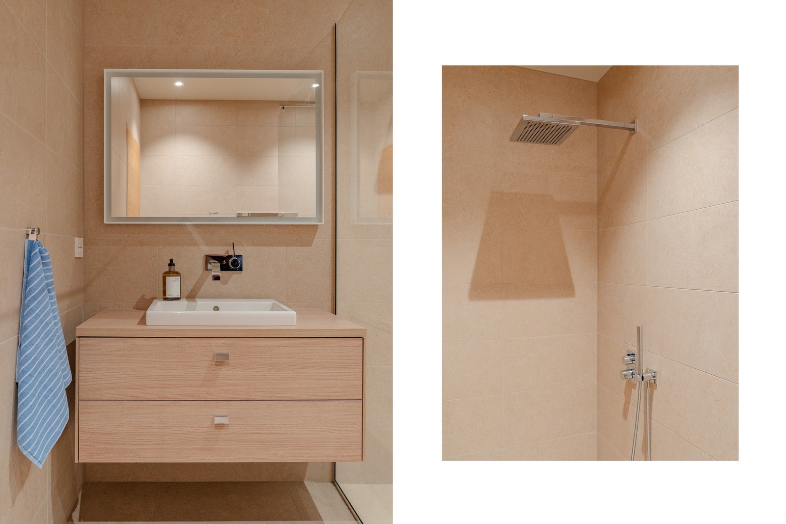 Ett av de fire badene i 1.etasje. Innredning fra Duravit, servant på benk med underskap i lys eik. Galleribilde