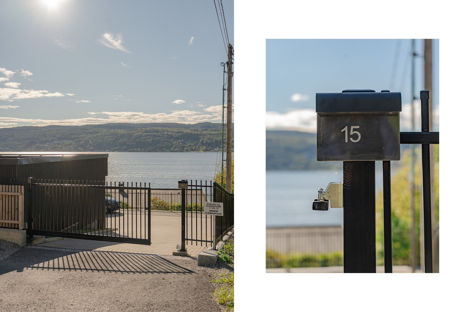 Gårdsplass og adkomst med belegningsstein, elektrisk port og sort metallrekkverk. Galleribilde