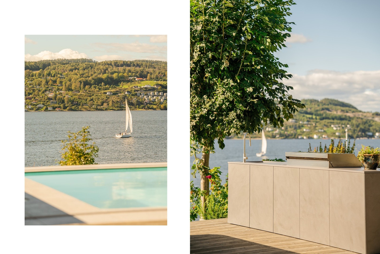 Gode soner på uteareal inkl. utekjøkken fra Ballingsløv i Dekton og syrefast rustfritt stål. Galleribilde