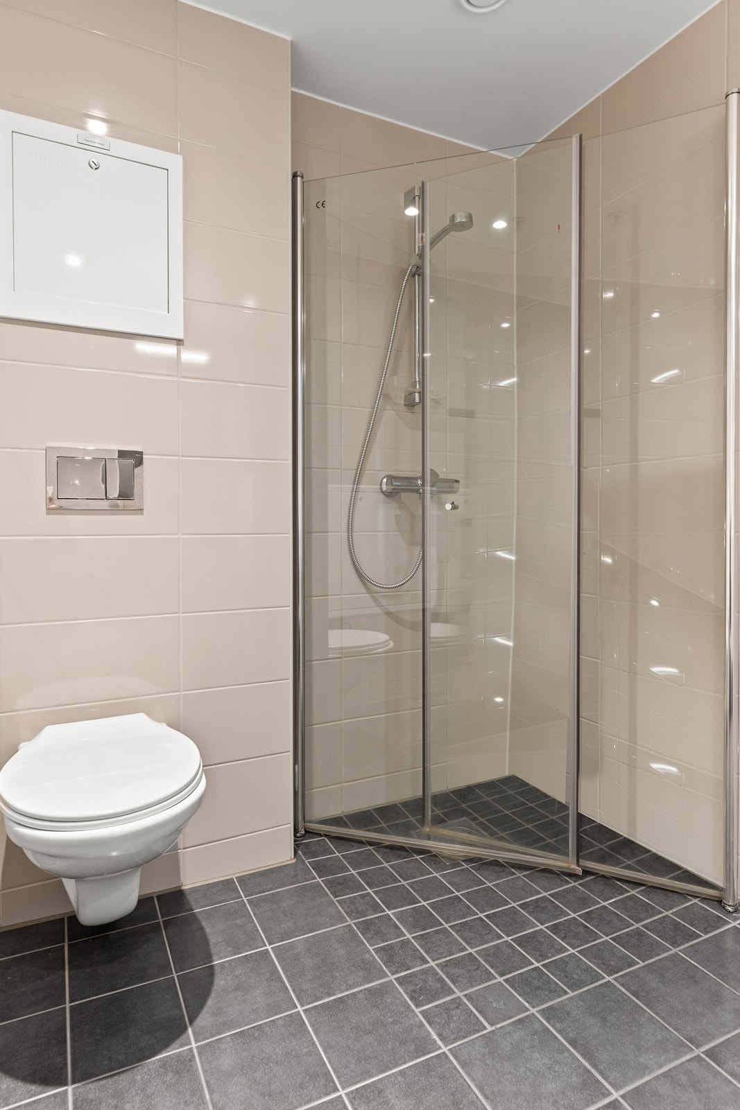 Badet har vegghengt toalett, dusjhjørne med glassdører og servant med overhengende speilskap. Galleribilde