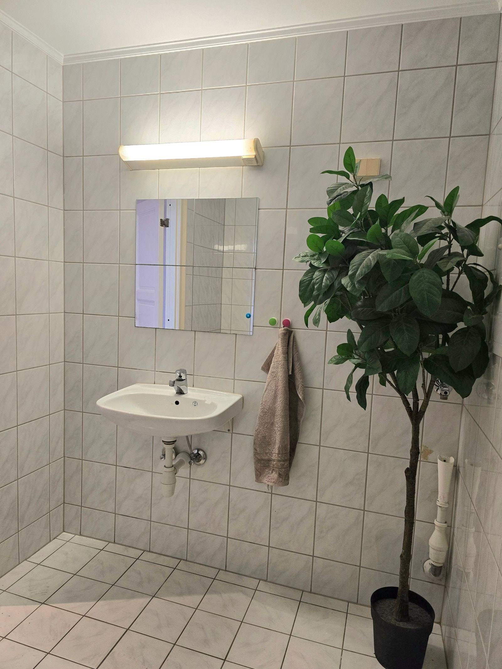 Lys flislagt bad med opplegg for både vaskemaskin og tørketrommel Galleribilde