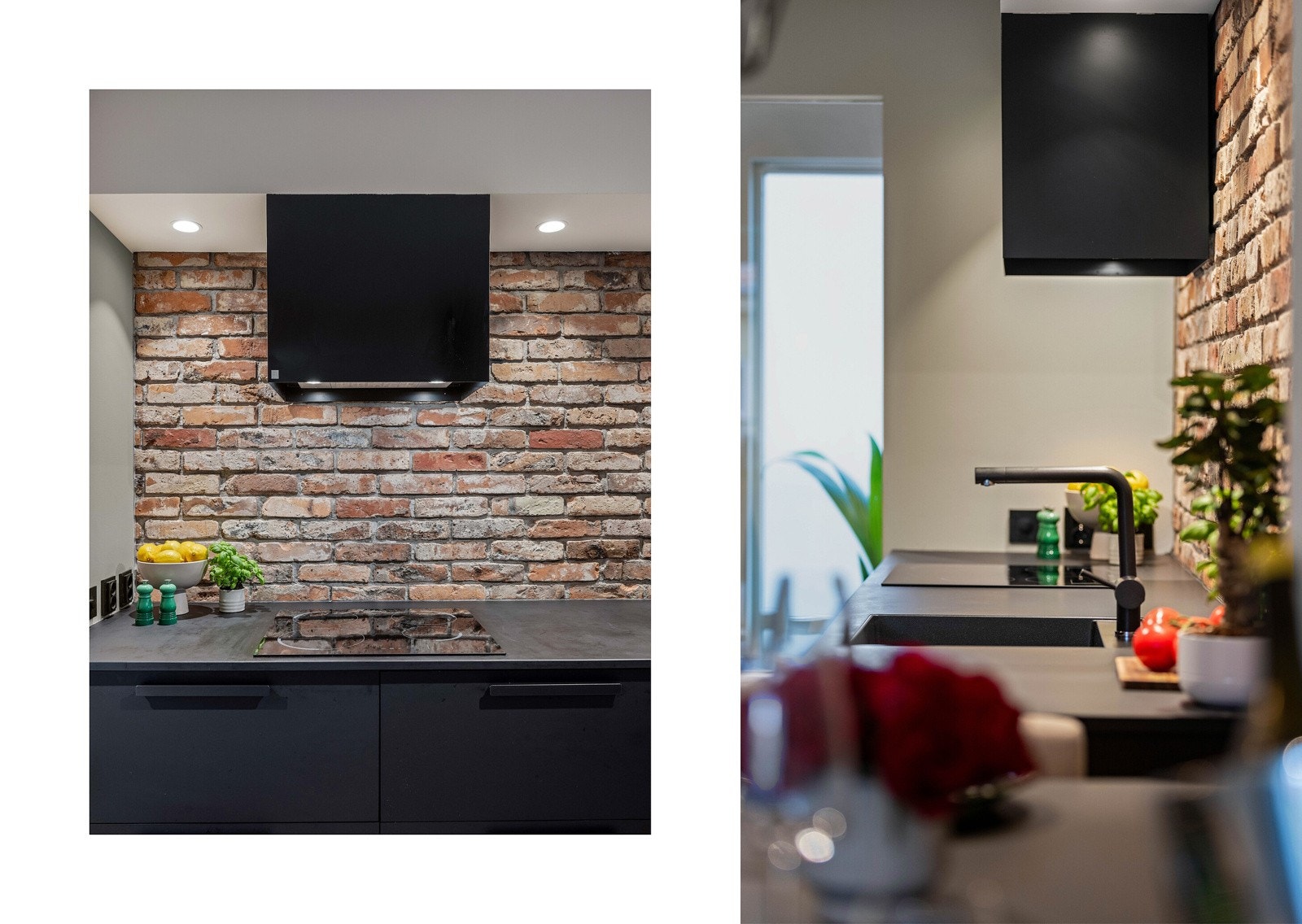 Den røffe mursteinsveggen tilfører en varm og industriell stil til rommet. Galleribilde