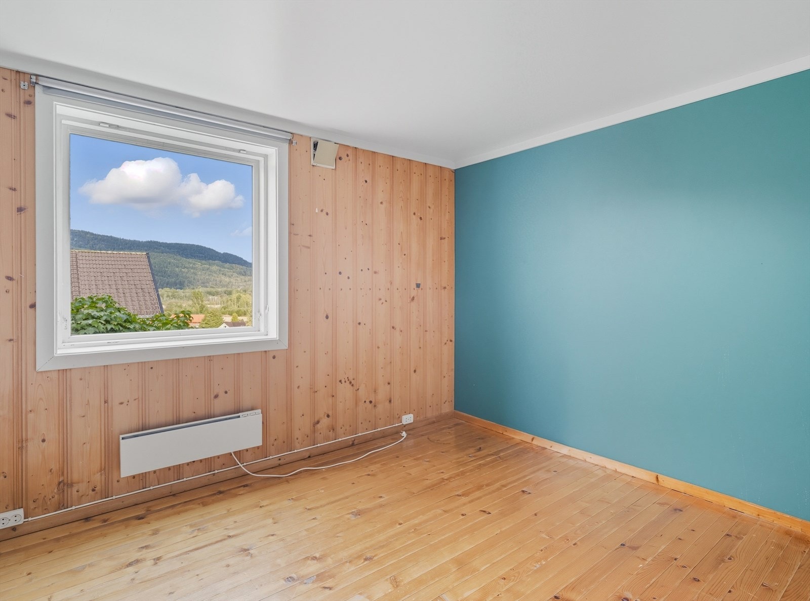 Disponibelt rom i kjeller med lakkert furugulv, panel og malte flater på vegg og malt himling. Galleribilde