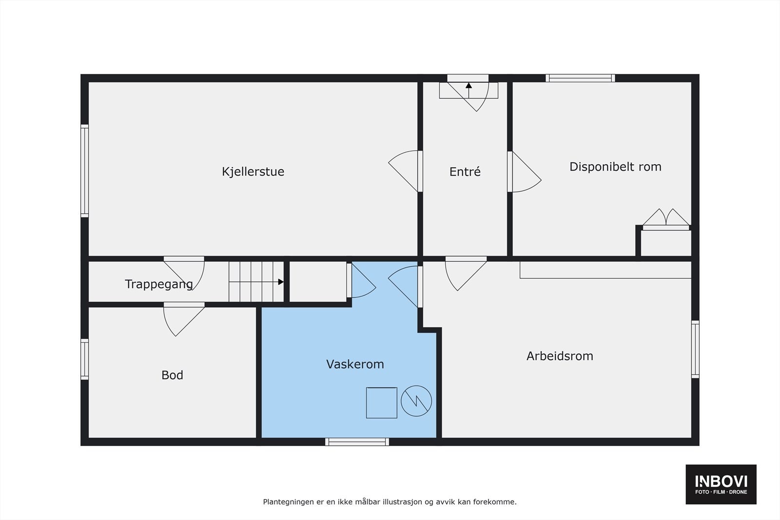 Plantegning sokkeletasje/ kjeller. Det gjøres oppmerksom på at kjeller er innredet og omgjort uten at dette er søkt om og uten at nødvendig godkjennelse er gitt av kommunen. Galleribilde