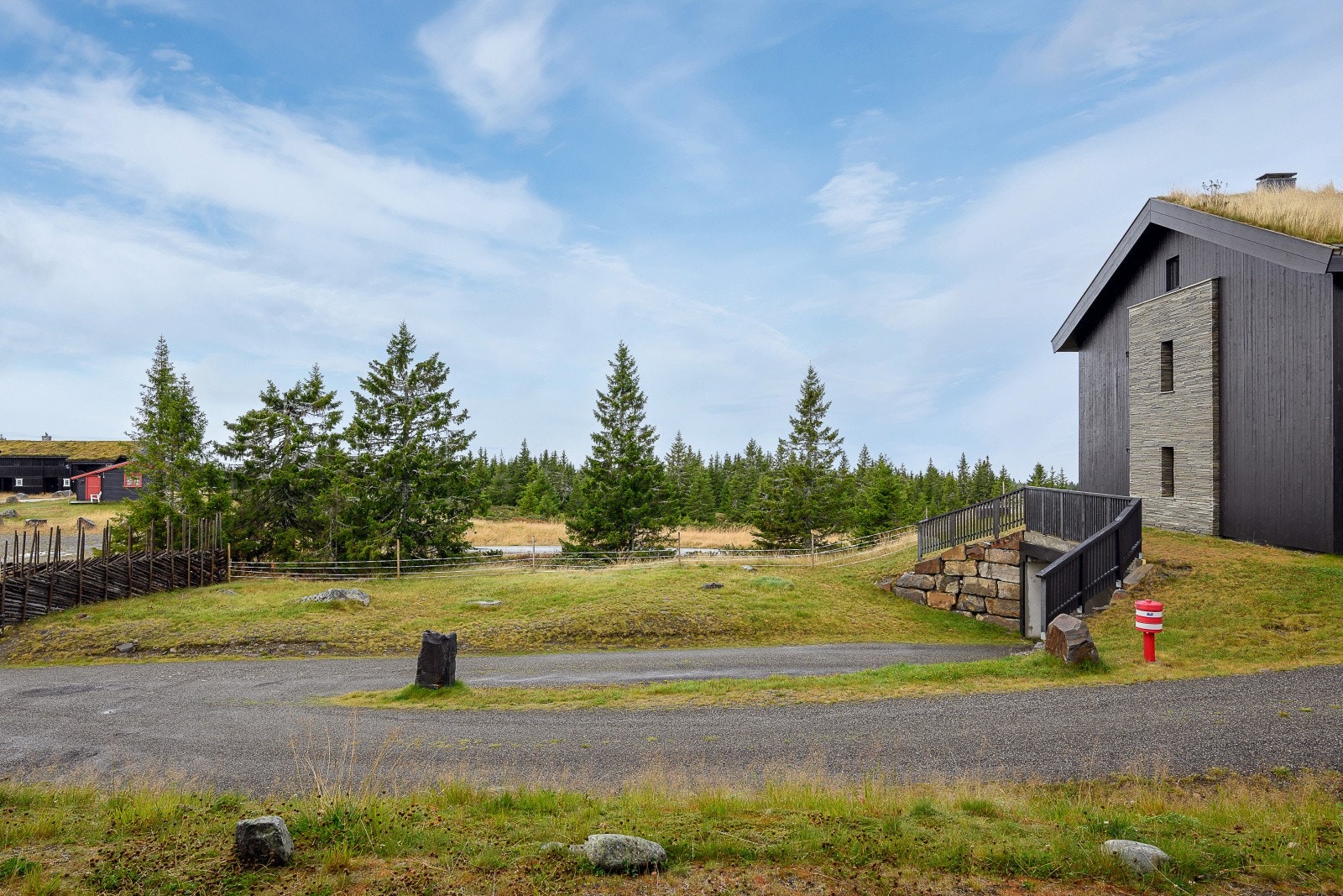 Felles festetomt som er opparbeidet med gruset vegareal og plen og naturtomt rundt bygningene. Galleribilde