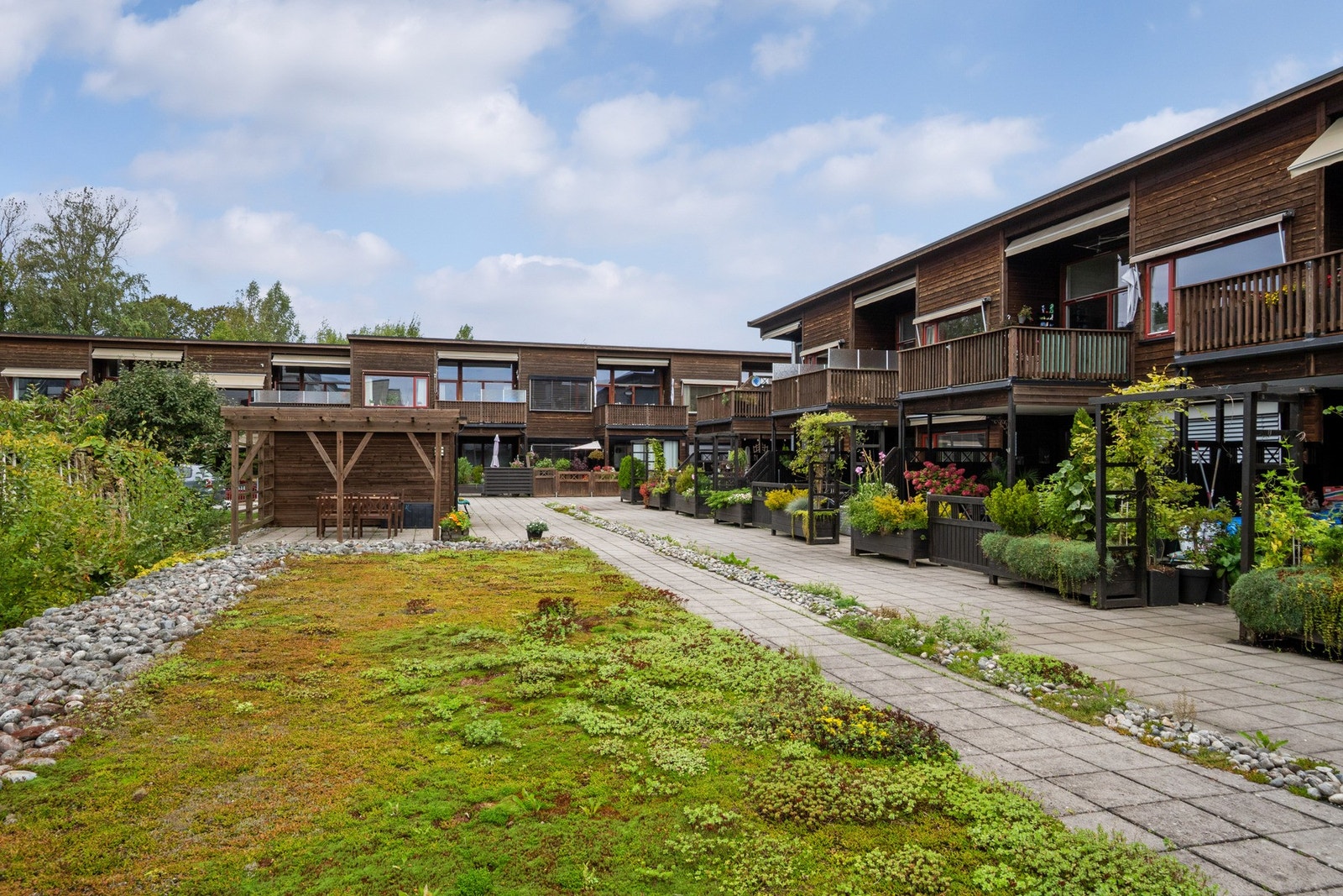 Felles bakgård er pent opparbeidet med plen, prydbusker og sitteplasser til felles bruk. Galleribilde