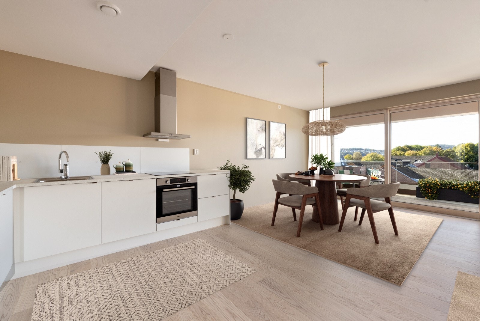 Det er god plass til sofagruppe, og mulighet for spisegruppe i fin tilknytning til kjøkkenet. - Bildet har digital møblering og er kun en illustrasjon. Galleribilde