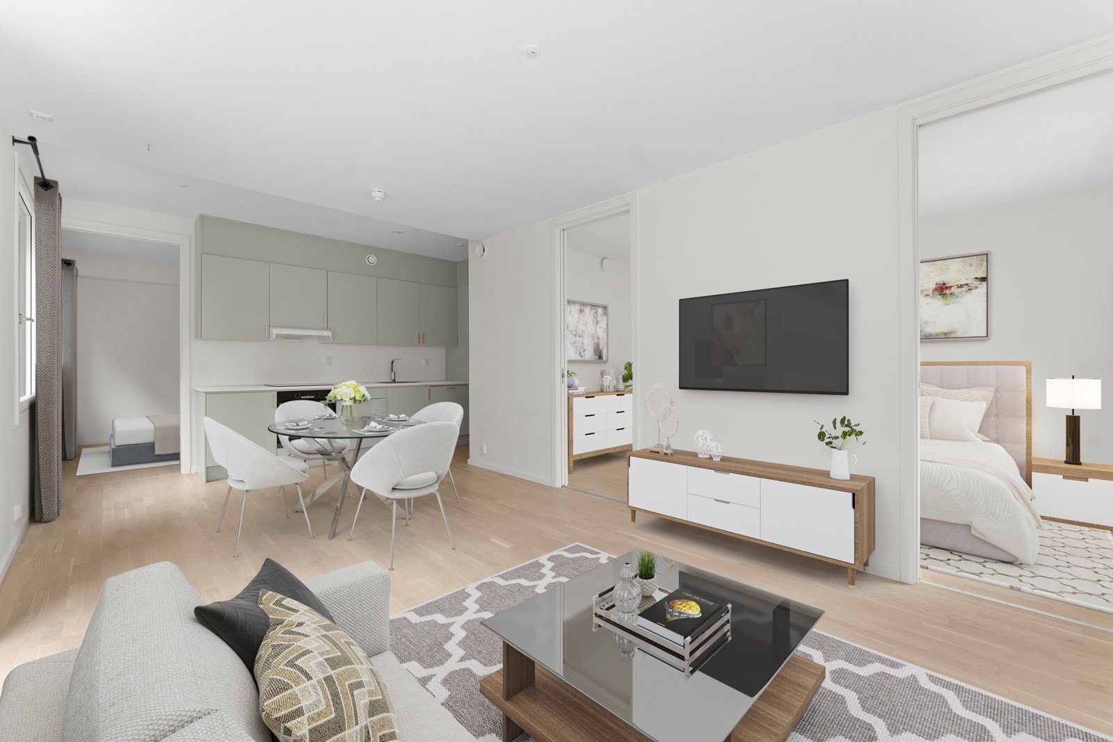 Stuen har god plass til både spisestue og sofagruppe. (digitalt møblert) Galleribilde