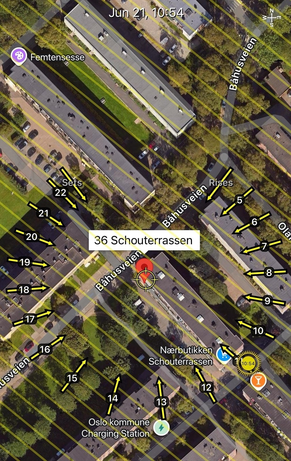 Solkart er kun ment som en illustrasjon over solforholdene midtsommers (21.6). Teknologien som brukes kan slå feil pga. kalibrering e.l. Solforhold må derfor også kontrolleres selv ved hjelp av kompass, kart eller egen app hvis dette er av betydning. Galleribilde