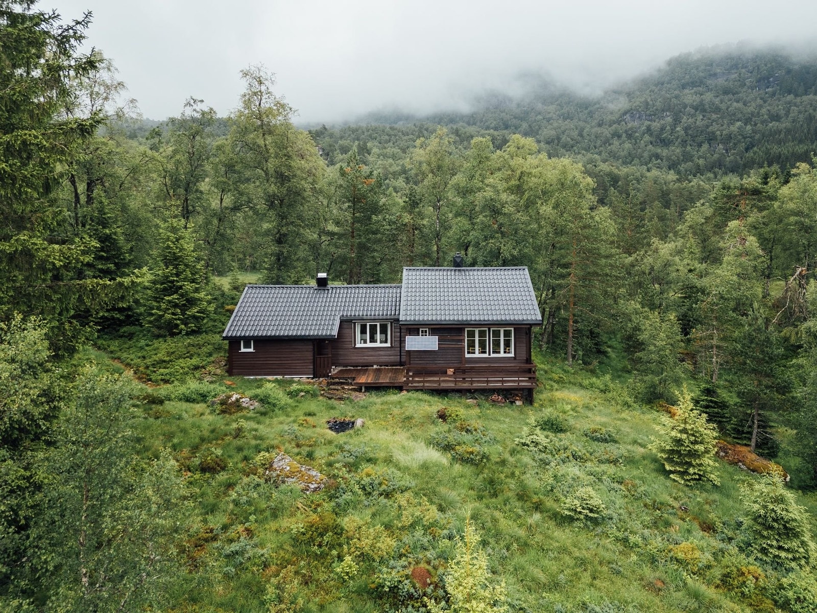 Hytten ligger idyllisk til i skogen Galleribilde