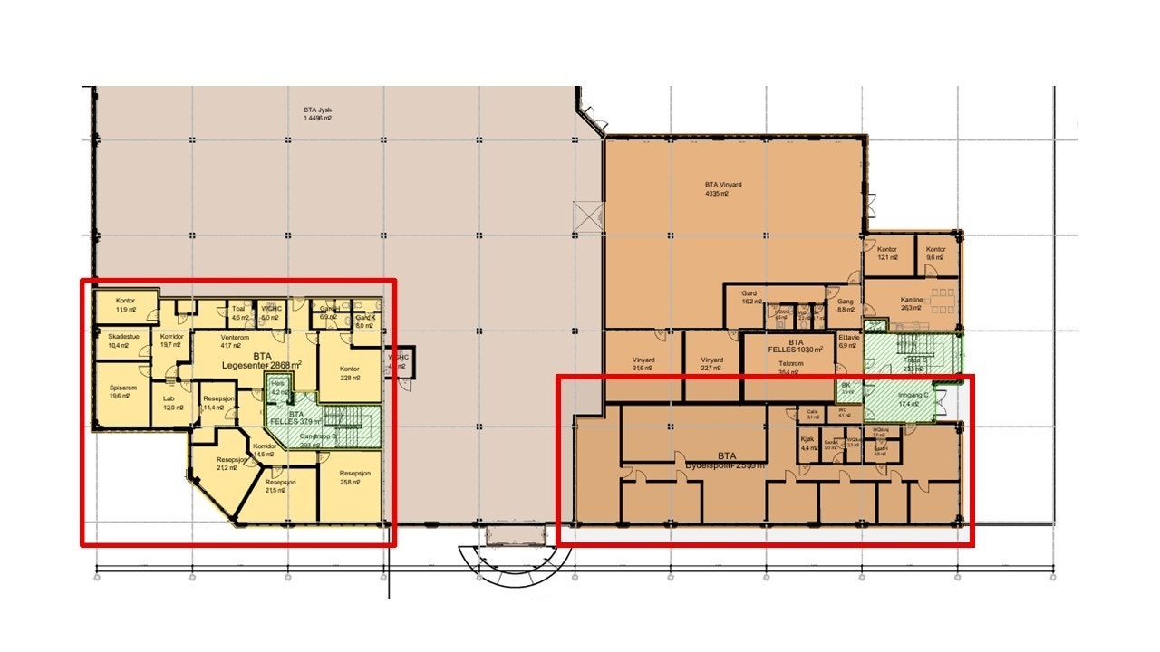 To ledige lokaler, markert med rødt. Galleribilde