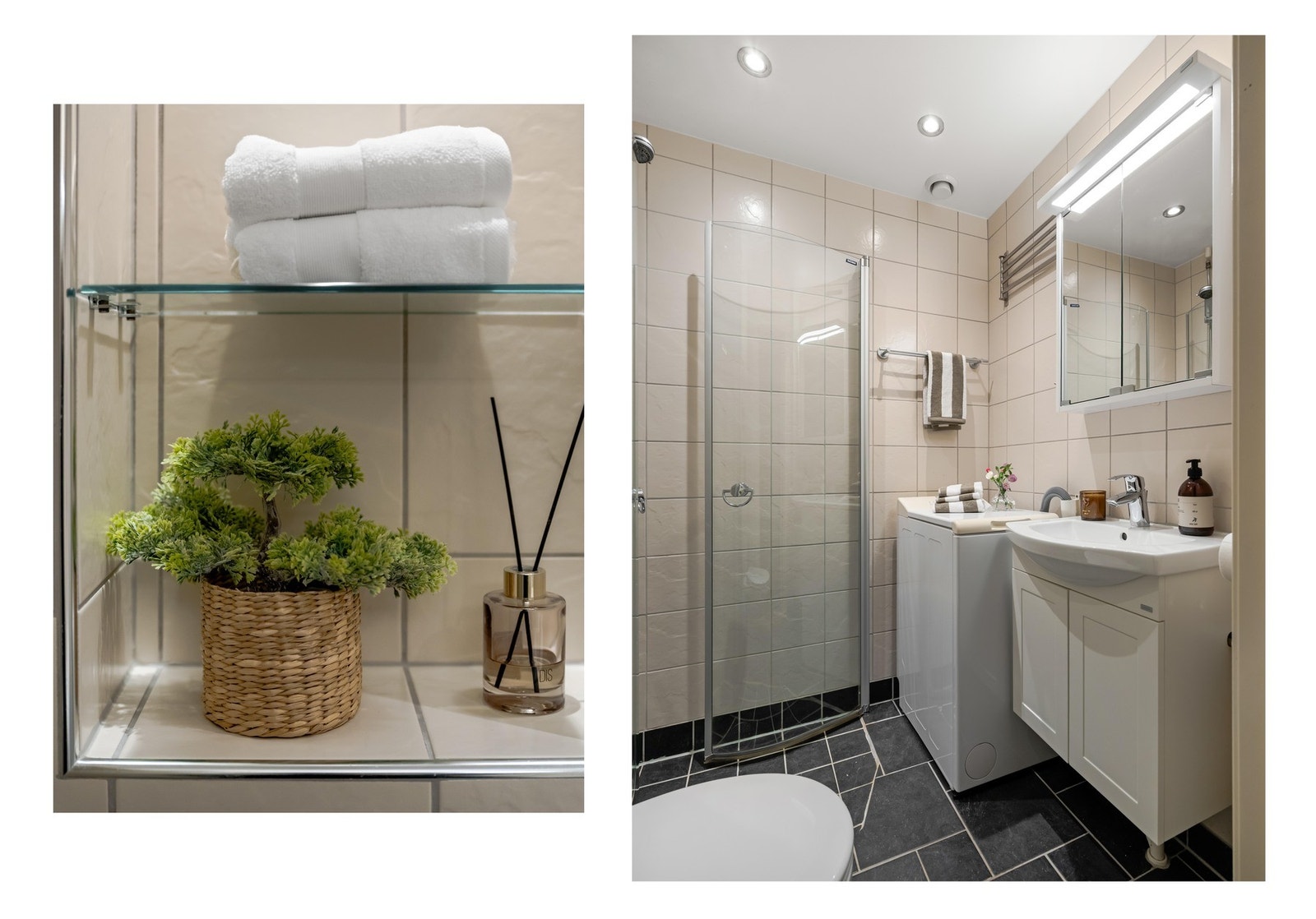 Fra entreen finner vi leilighetens baderom, pusset opp i 2003. I 2021 fikk det nyere speilinnredning. Galleribilde