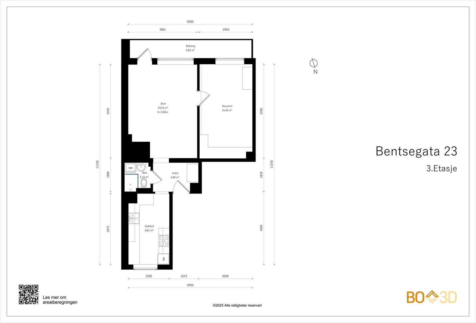 Før vi blar videre, ser vi nærmere på leilighetens planskisse. I tillegg til innvendige arealer disponerer boligen 2 boder, målt totalt 9 kvm. Galleribilde