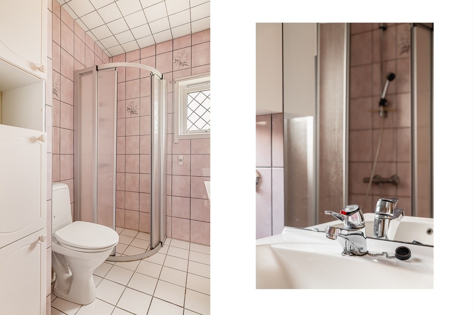 Badet har keramiske fliser på gulv, vegger og himling. Rommet er innredet med servant i møblement, speil med belysning, toalett, buet dusjhjørne med dusjgarnityr, opplegg for vaskemaskin samt et innebygd skap. Galleribilde