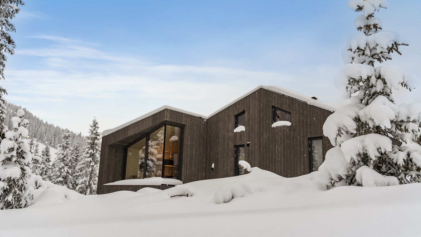 Hytta ligger omgitt av vinterens vakre snølandskap - perfekt for avslapning og aktivitet. Galleribilde