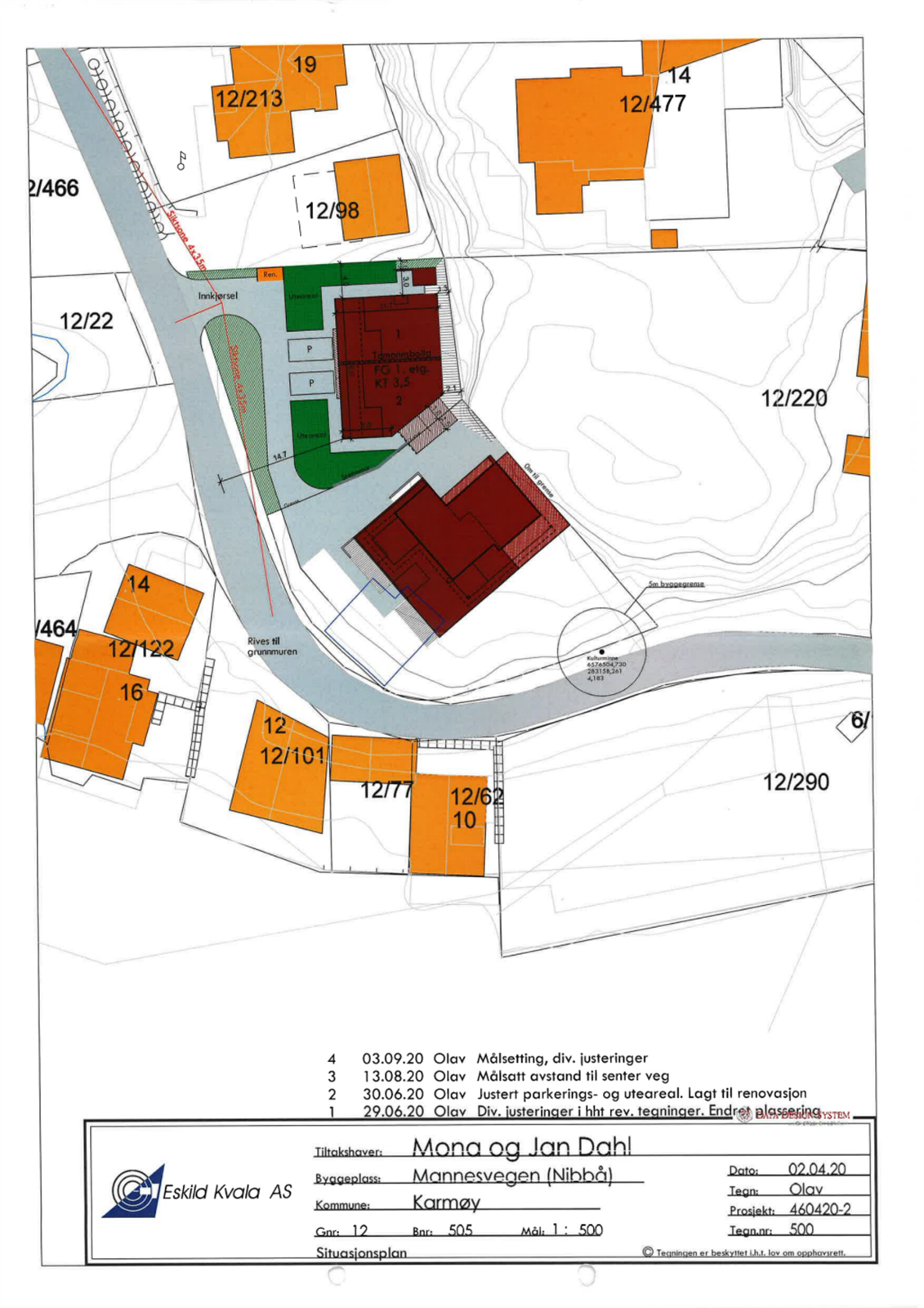 Illustrasjon på planlagt innkjørsel med tomannsbolig på naboeiendommen og ny enebolig på gjeldende eiendom. Galleribilde