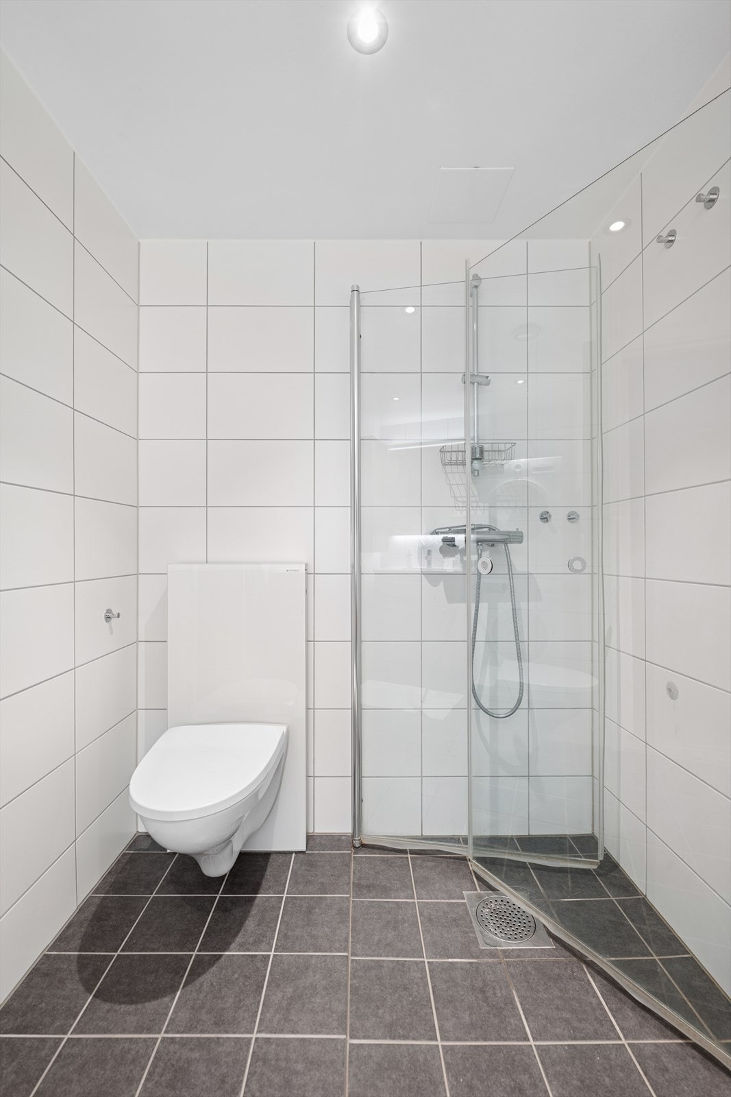 Veggmontert toalett med utvendig sisterne samt et dusjhjørne med svingdører. Galleribilde