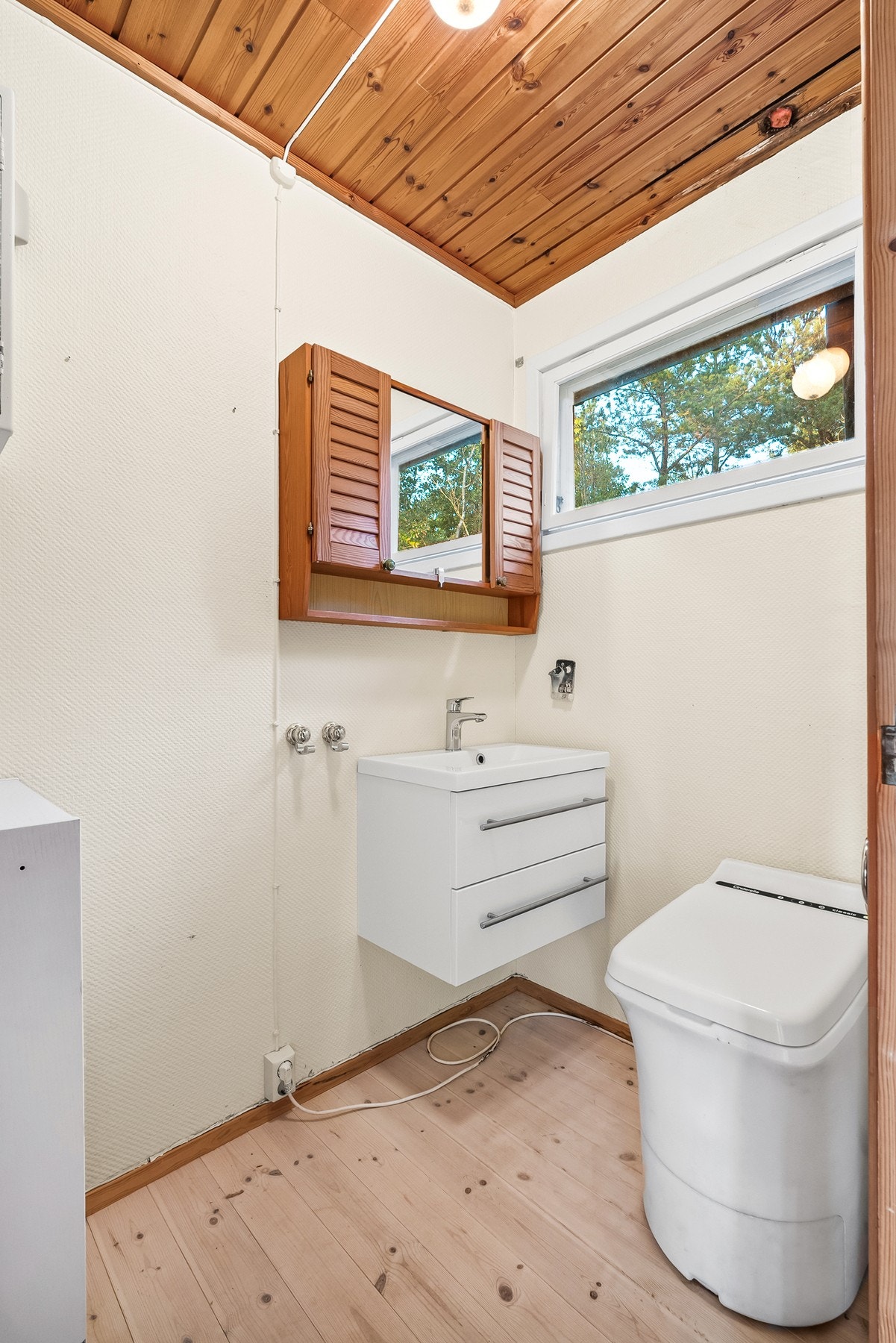 Praktisk toalettrom med servant og forbrenningstoalett med utluftingskanal utvendig på ytterveggen. Galleribilde