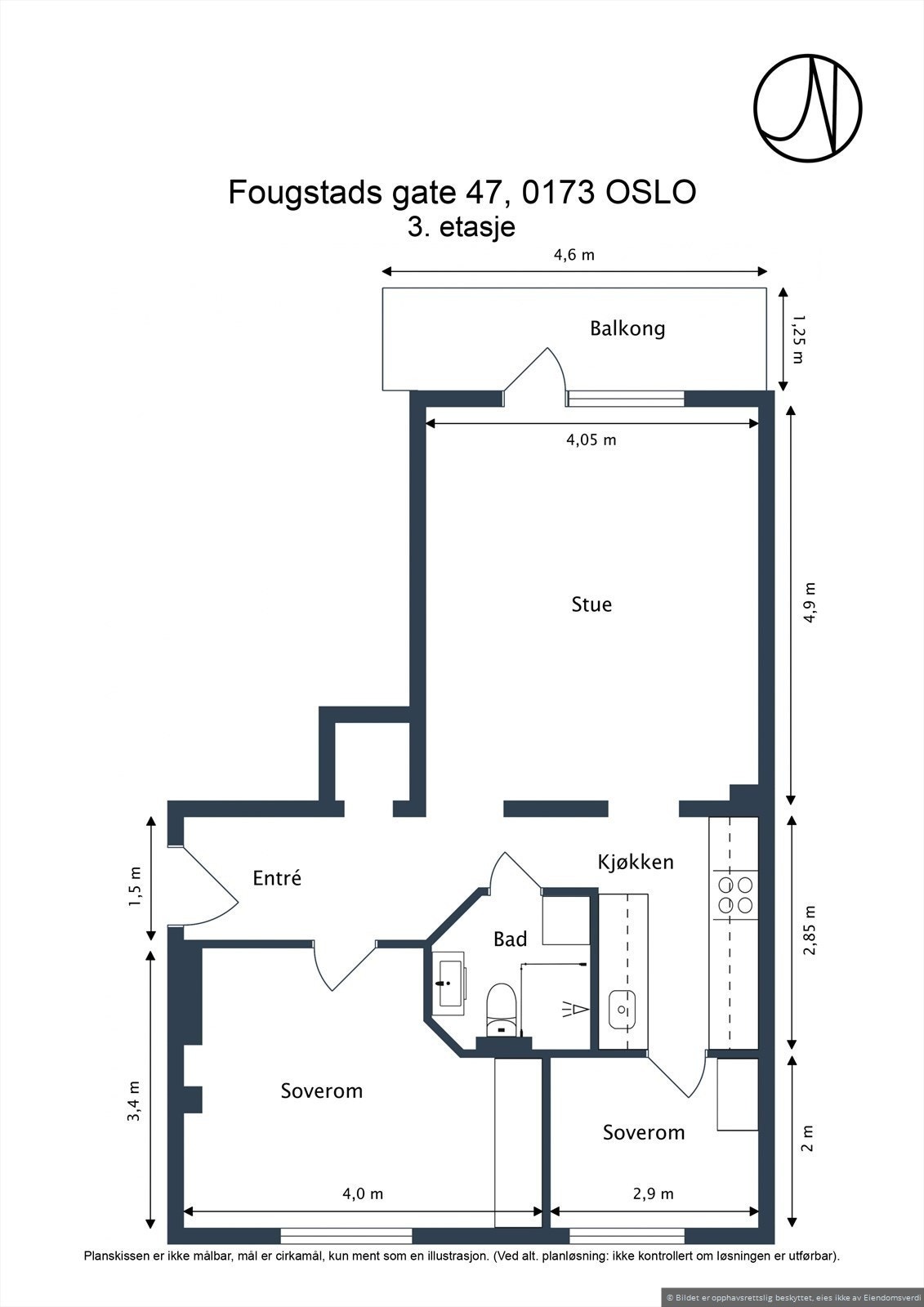 Leiligheten i 3. etasje har denne planløsningen slik at den blir en 3-roms. Kun for inspirasjon. Galleribilde