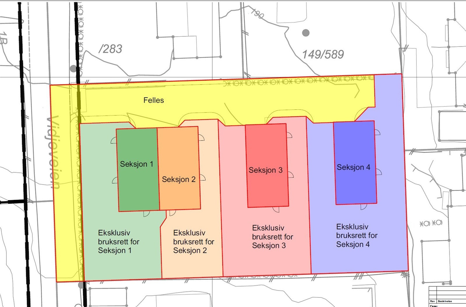Situasjonsplan av prosjektet. Boligen som selges er seksjon 2 markert i oransj. Galleribilde