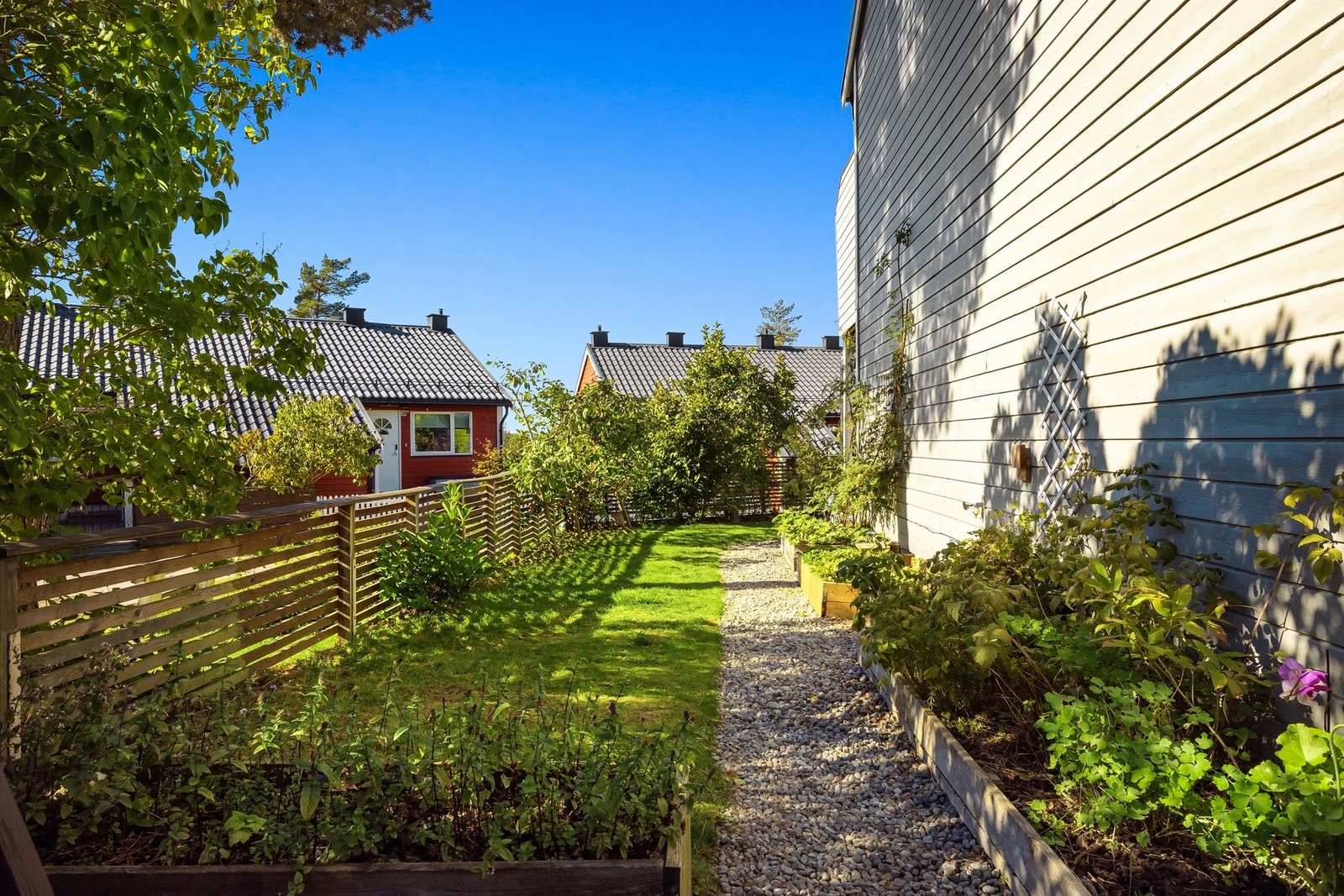 Hyggelig opparbeidet med plantekasser, gressplen og gruslagt sti langs boligen Galleribilde