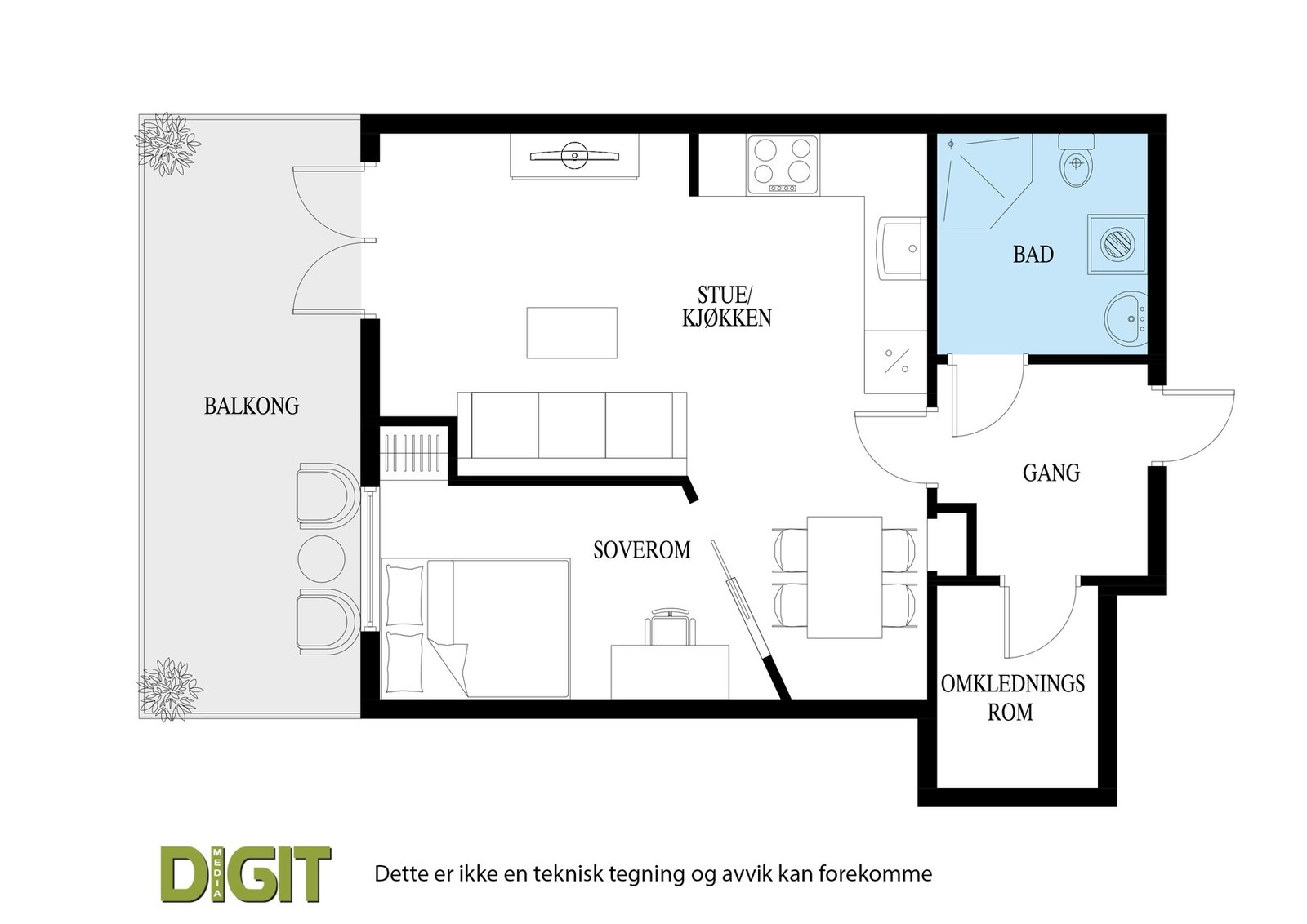 Leiligheten har ett soveplass, bad, stue/kjøkken, omkledningsrom, gang og balkong. Galleribilde