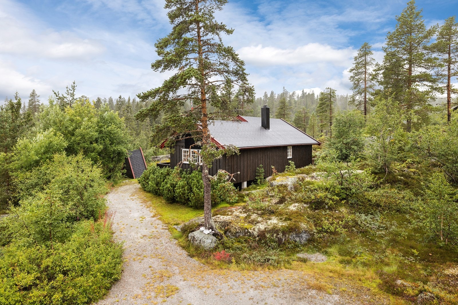 Parkering forekommer på gruset gårdsplass rett ved hytta. Galleribilde