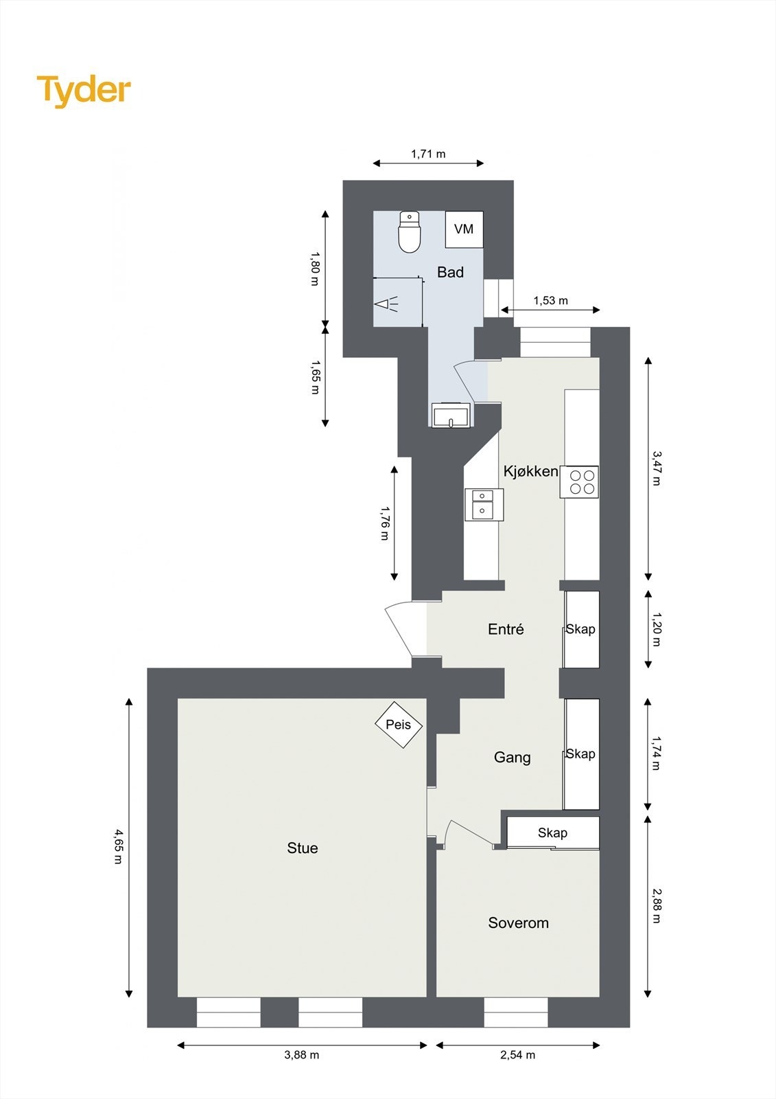 Oppmålt plantegning for leiligheten. Galleribilde