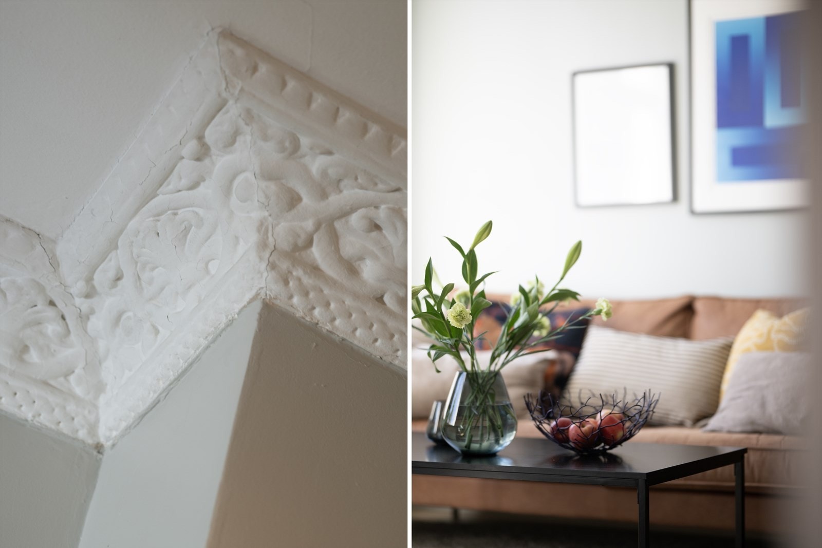 De vakre, klassiske detaljene kombinert med de delikate fargevalgene skaper en lun atmosfære. Galleribilde