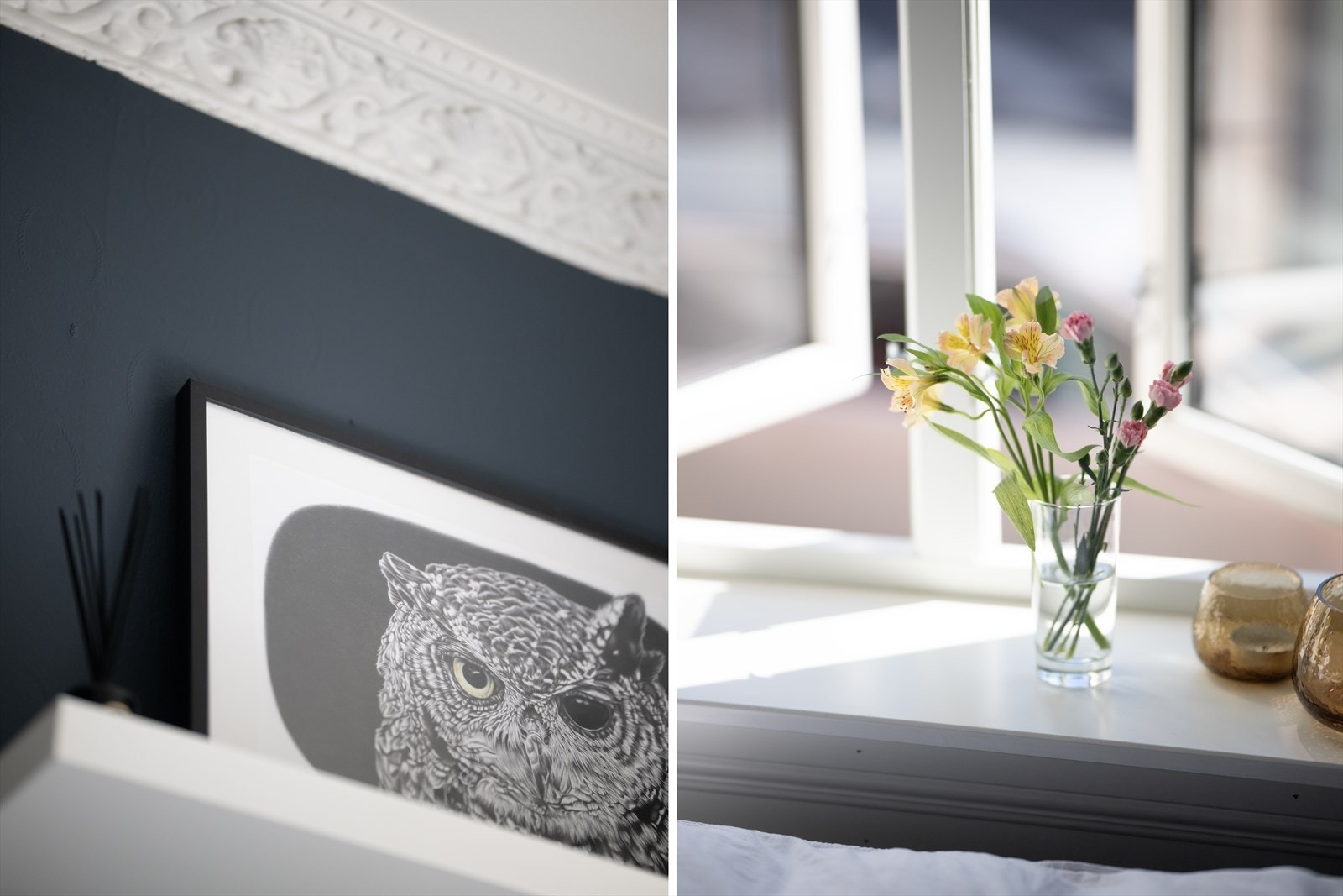 Soverommet har en luftig og generøs takhøyde med stukkatur samt brede vinduskarmer. Galleribilde