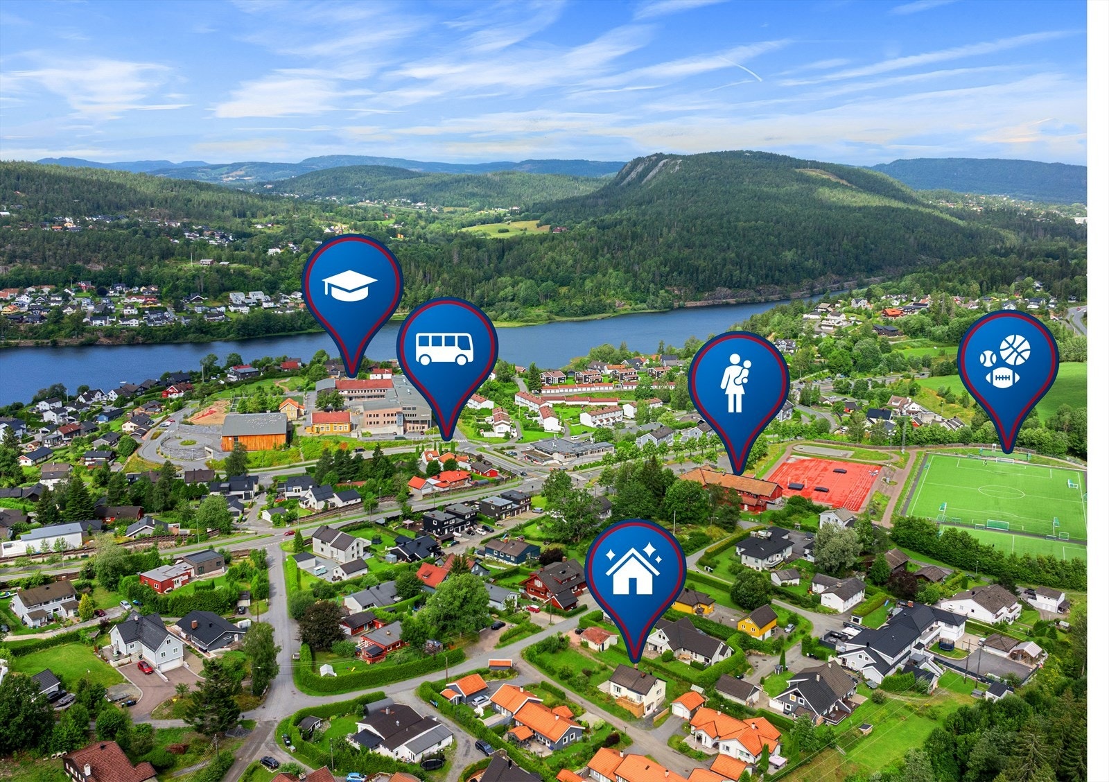 Det er også kort gangavstand til skoler, barnehager, idrettsanlegg og bussholdeplass hvorav bussen korresponderer med toget. Galleribilde