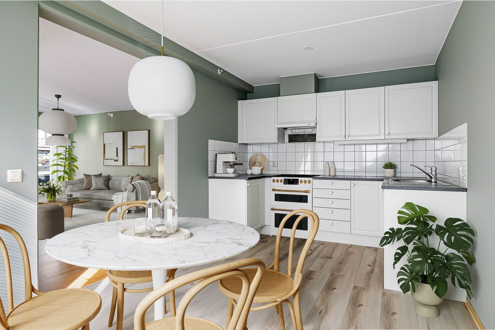 Pent kjøkken fra byggeåret med plass til spisebord og frittstående hvitevarer. Nytt laminatgulv på kjøkkenet i 2025 (bildet er digitalt stylet). Galleribilde