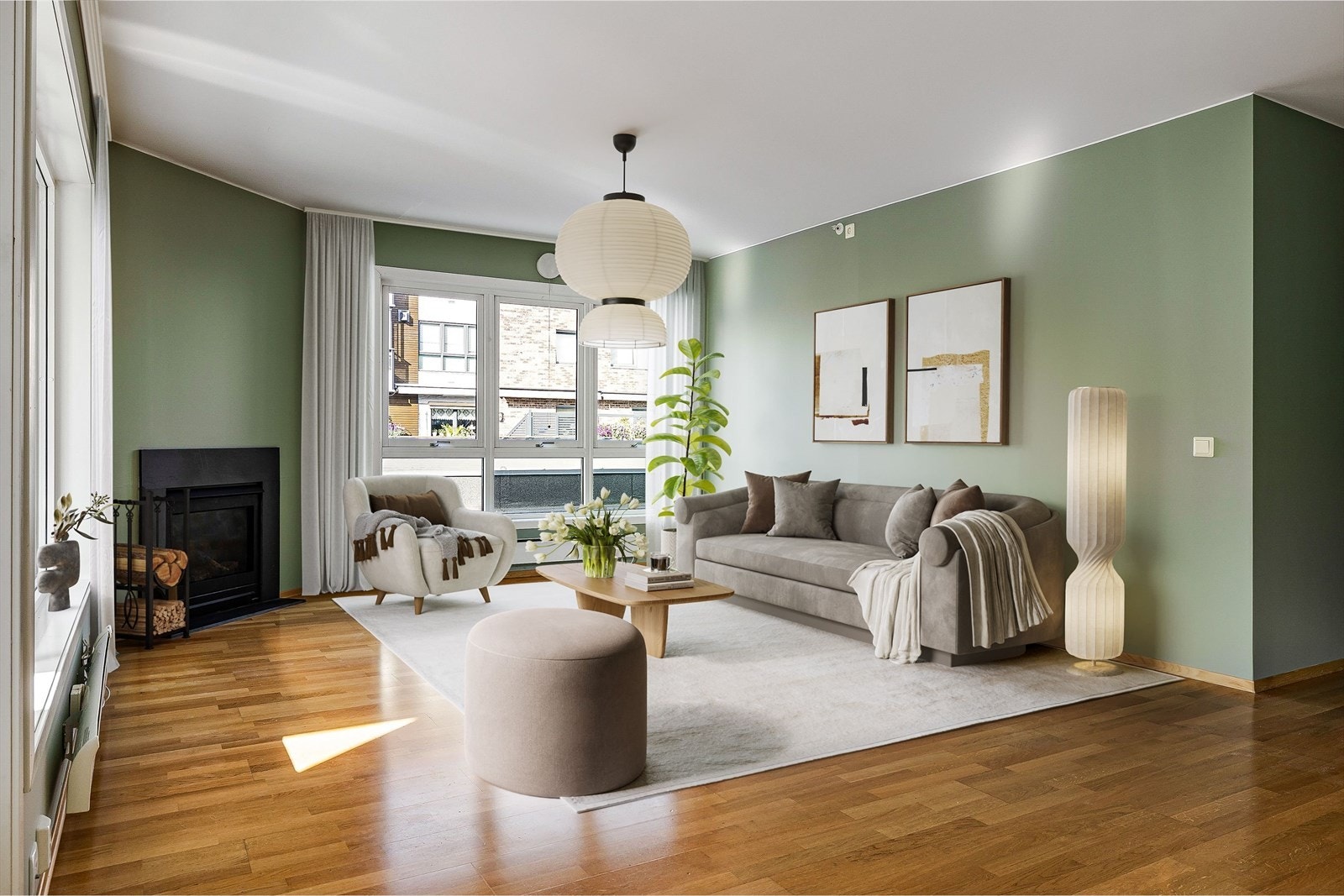 Leiligheten har et koselig og sosialt oppholdsrom hvor alle overflater, med unntak av himling, ble malt i 2025 (bildet er stylet digitalt). Galleribilde