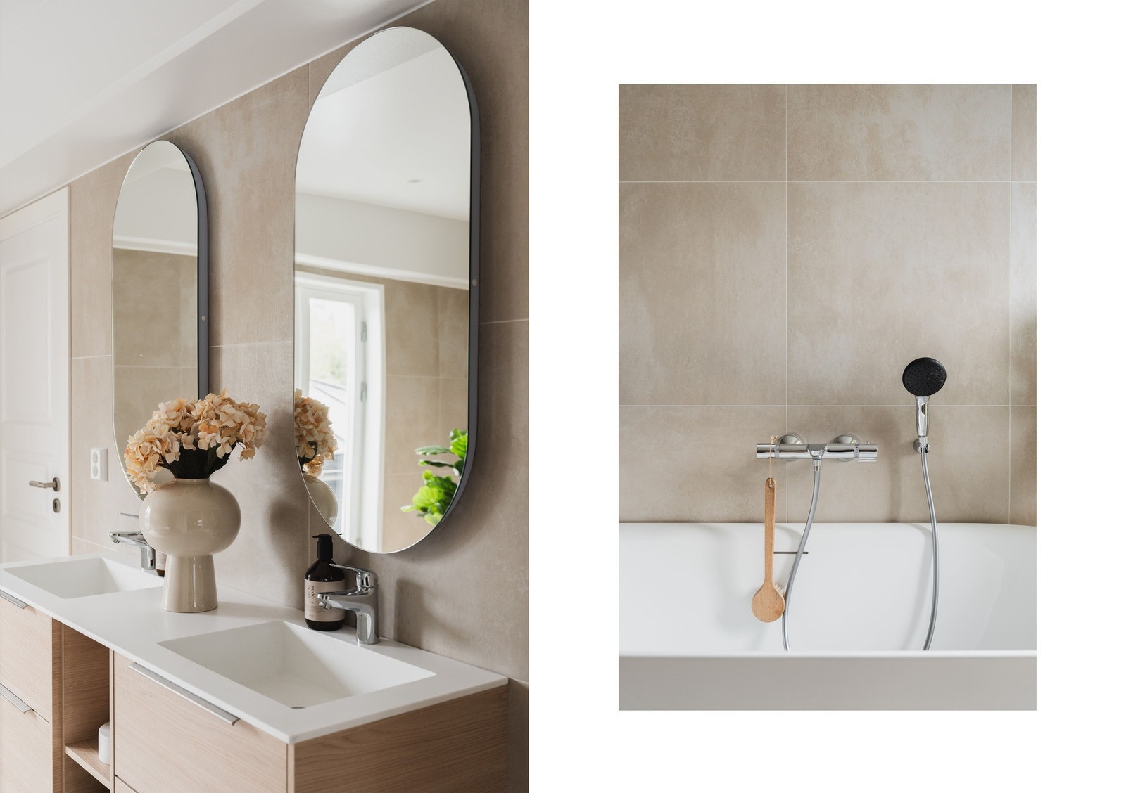 To runde speil med bakbelysning og badekar setter et markant preg og gir en tydelig hotellfølelse. Galleribilde