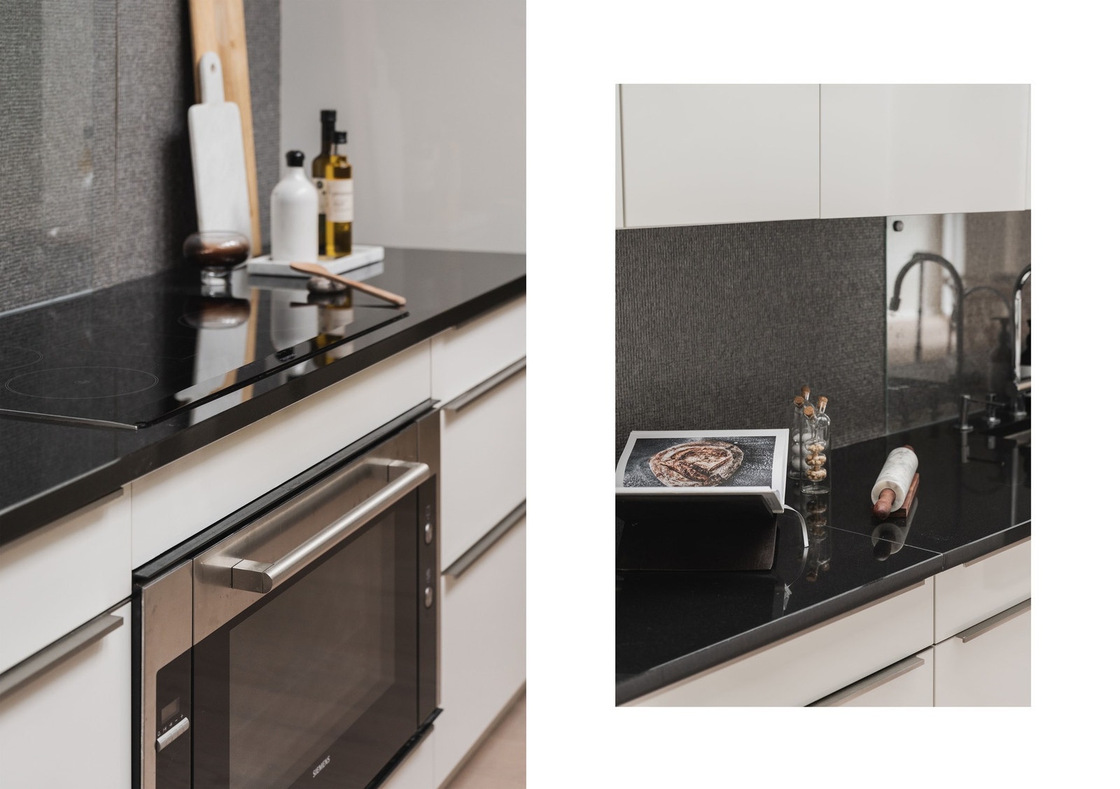 Innredningen har glatte, høyglans fronter i hvitt og en kompositt benkeplate. Kranen er en "Quooker" som tilbyr både avkjølt og kokende vann. Galleribilde