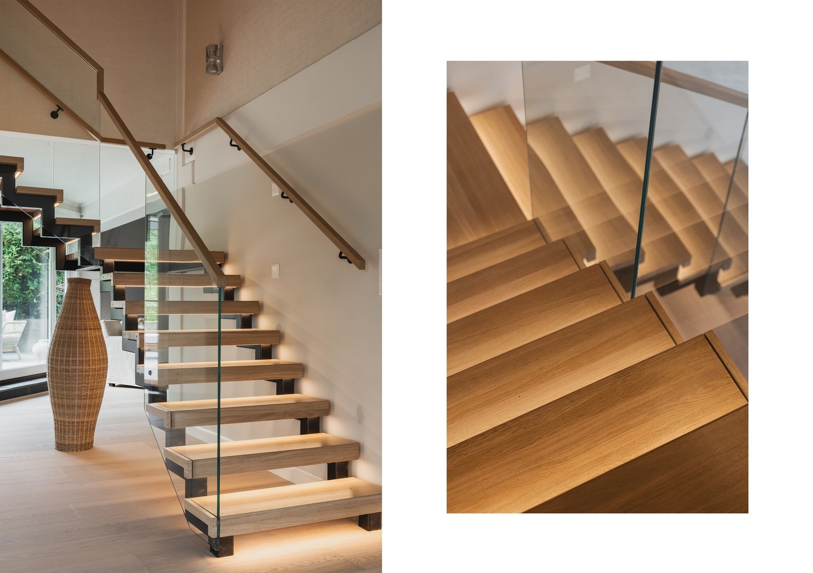 Elegant lakkert tretrapp med integrert belysning som fremhever designet. Galleribilde