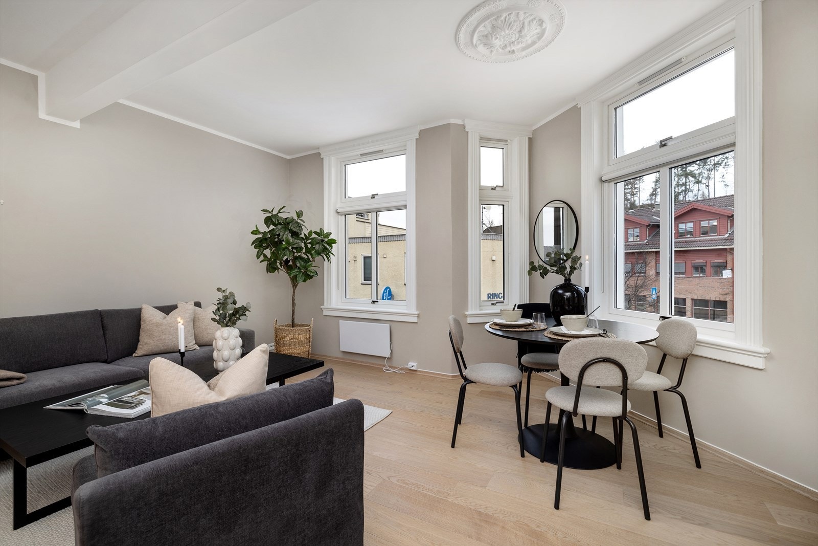 Leiligheten har fine detaljer med vakre vinduer og rosett i taket Galleribilde