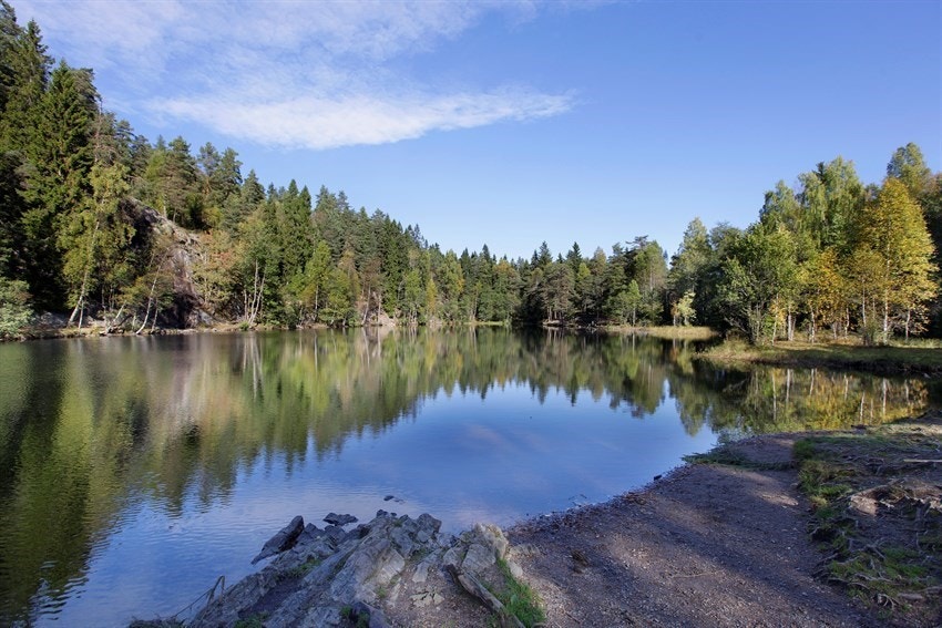 Båntjern i umiddelbar nærhet, en yndet badeplass for de lokale om sommeren og skøytebane om vinteren. Galleribilde