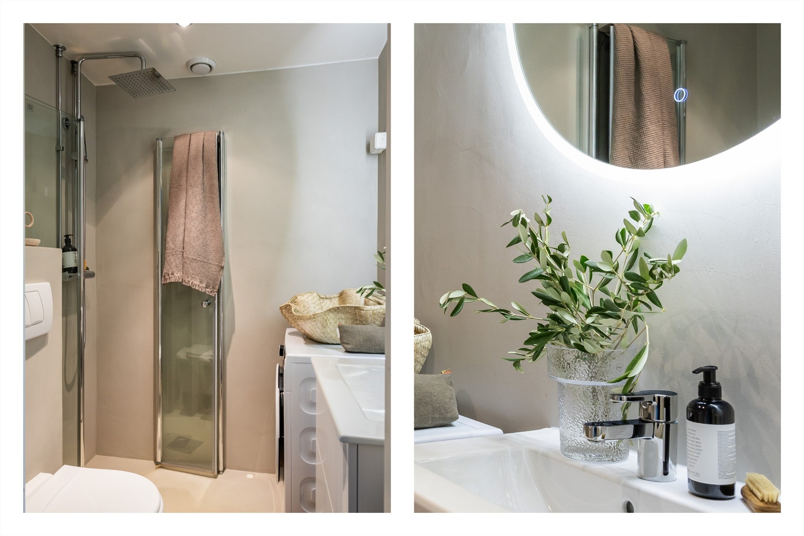 Badet er innredet med klosett, servant med servantskap, speil med belysning og dusjhjørne med foldbare dusjdører. Galleribilde