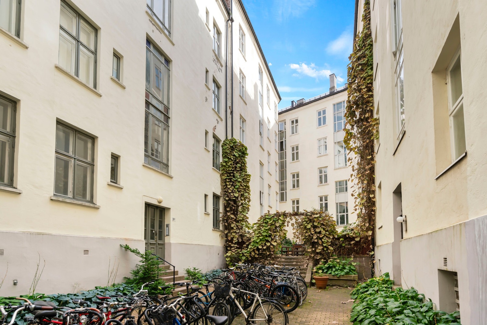 Rolig bakgård med sykkelparkering, vakker beplantning og sittesoner. Galleribilde